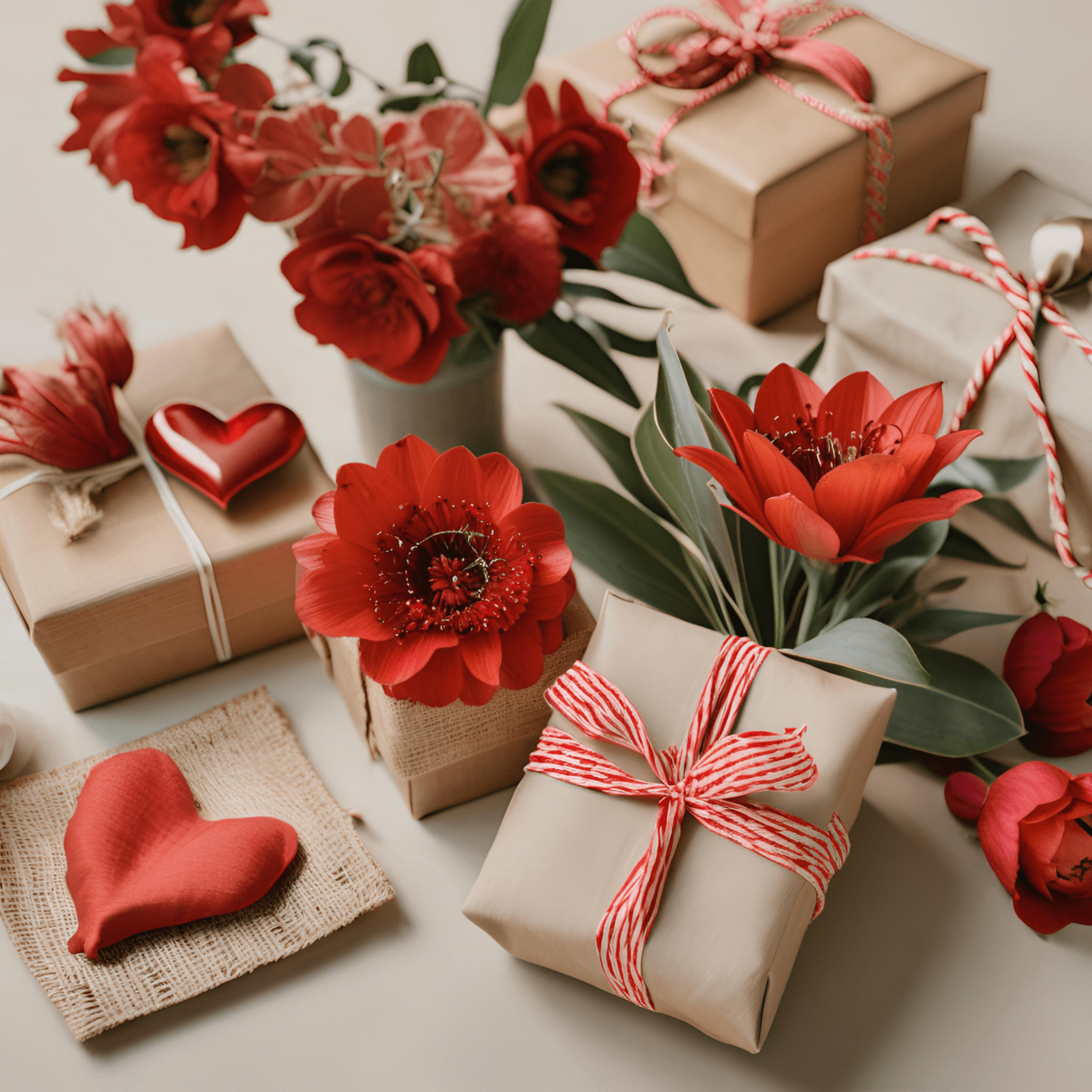 Red flowers, hearts, and sustainable gifts